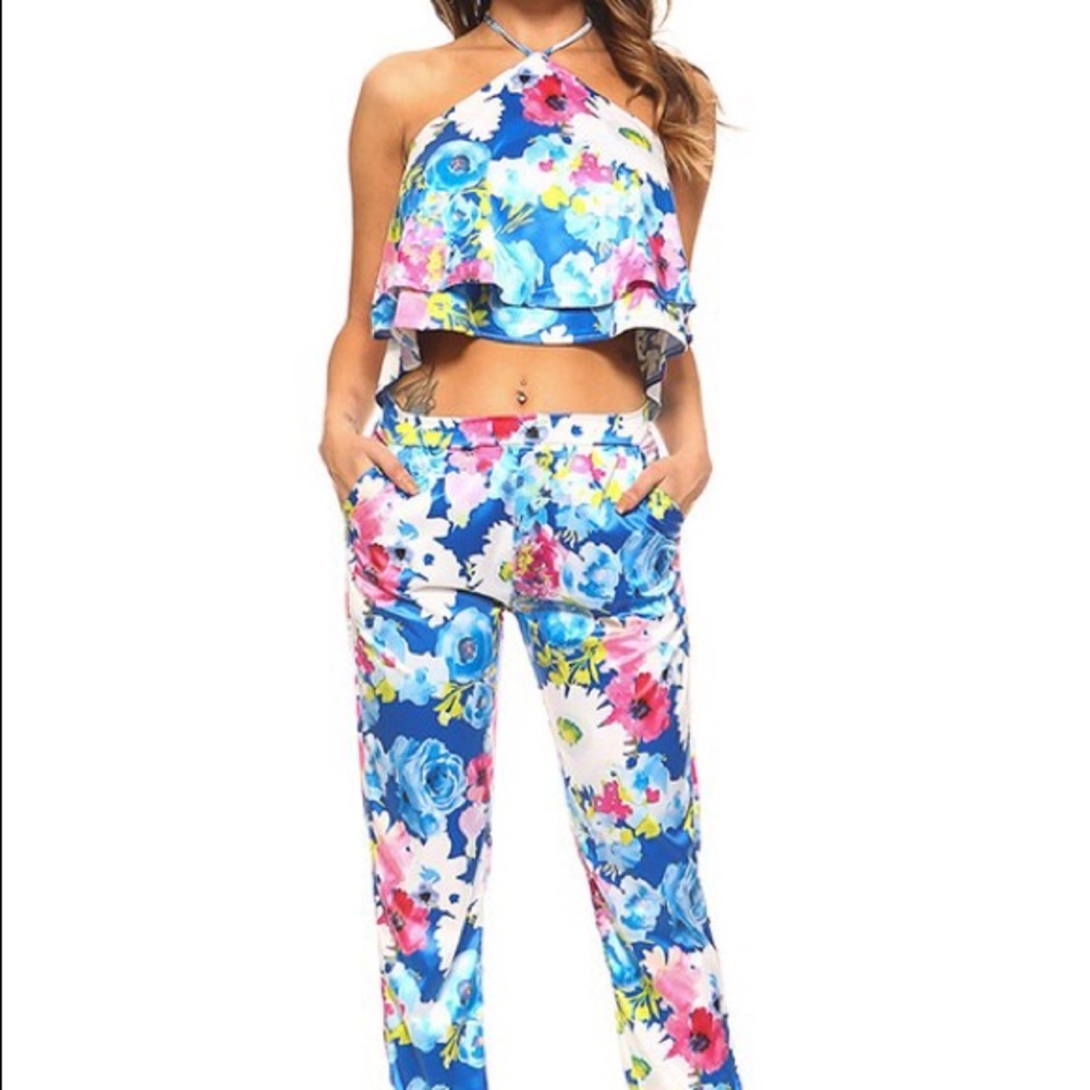 Blue floral Crop Top and Pants Set